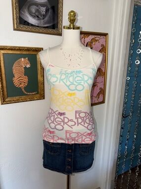 Vintage Y2K Fox Pastel Logo Spaghetti Strap Tank Top - White/Multi